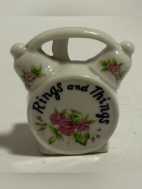Vintage Ceramic Alarm Clock "Rings and Things" Pink Floral Ring Dish Holder